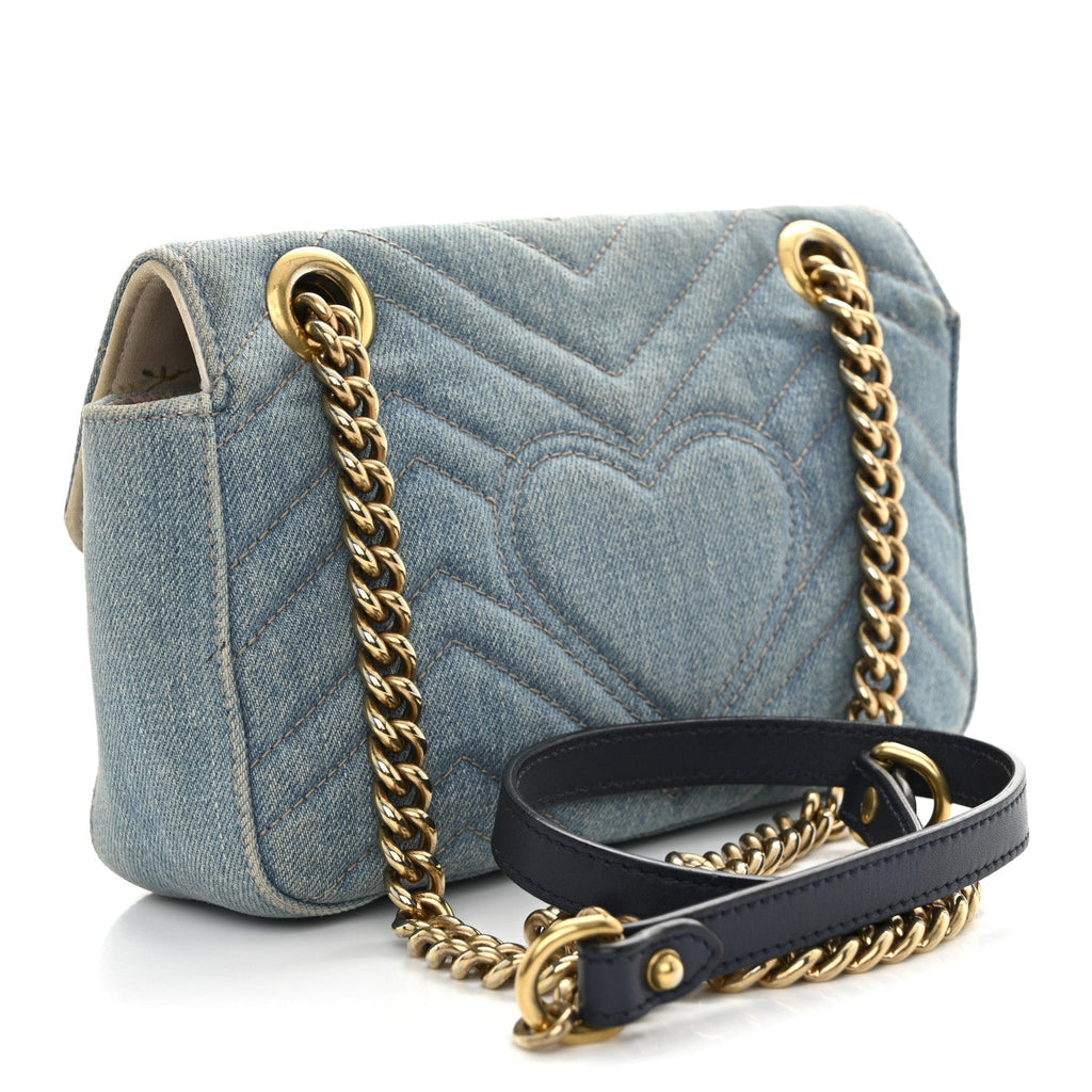 Denim Matelasse Mini Pearly GG Marmont Shoulder Bag Blue