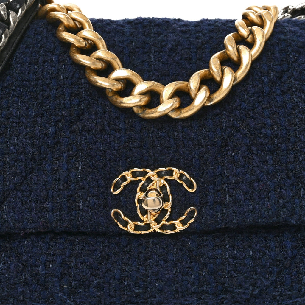 Tweed Quilted Large Chanel 19 Flap Navy Blue