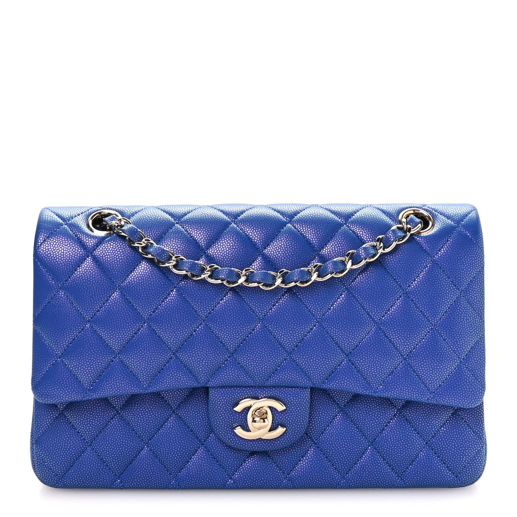 Iridescent Caviar Quilted Medium Double Flap Blue
