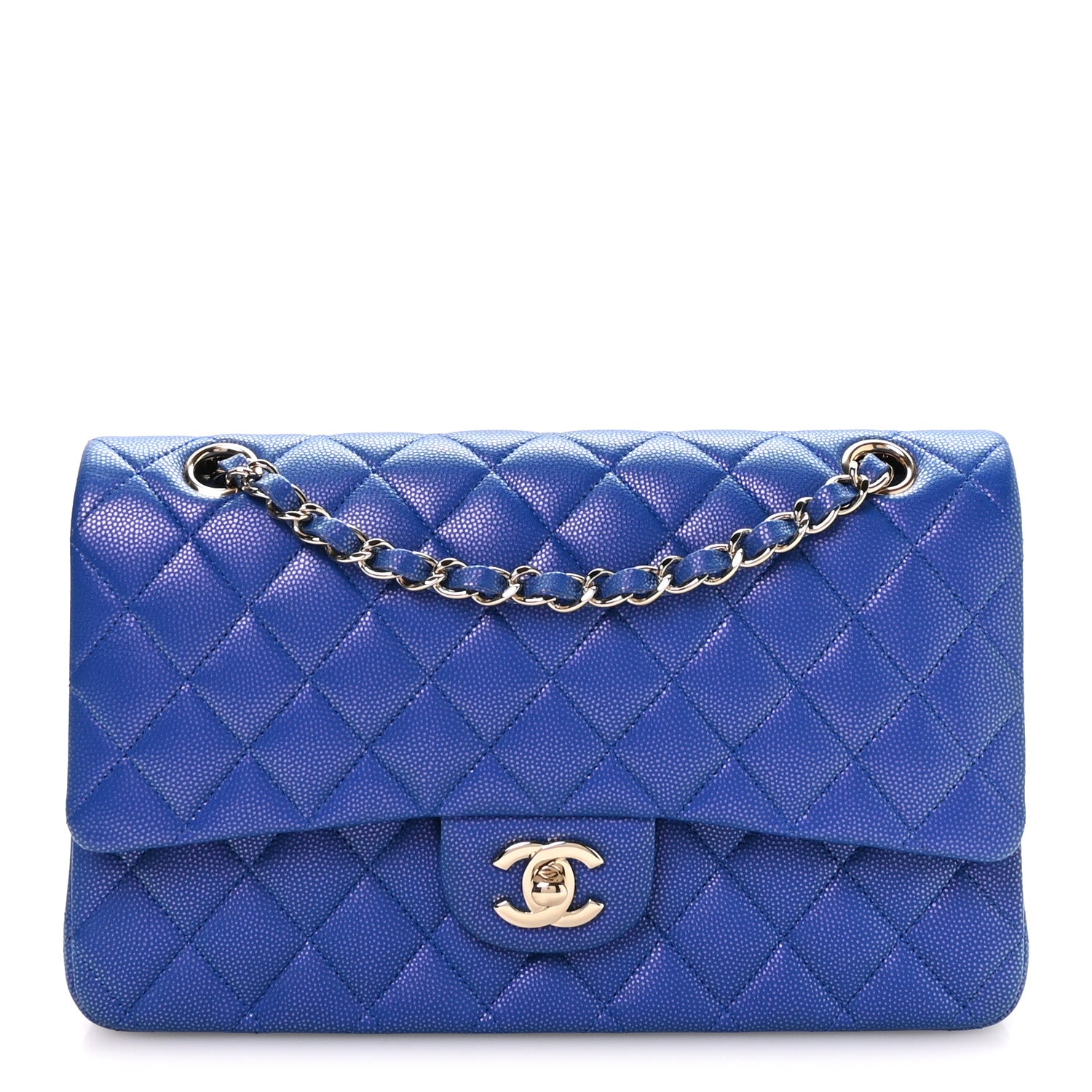Iridescent Caviar Quilted Medium Double Flap Blue