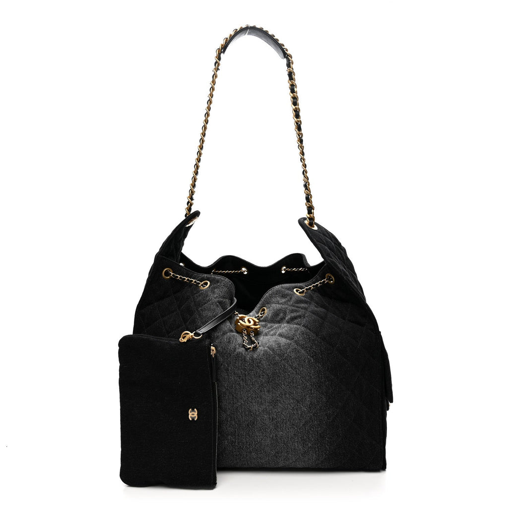Washed Denim Quilted Large Chanel 25 Handbag Black
