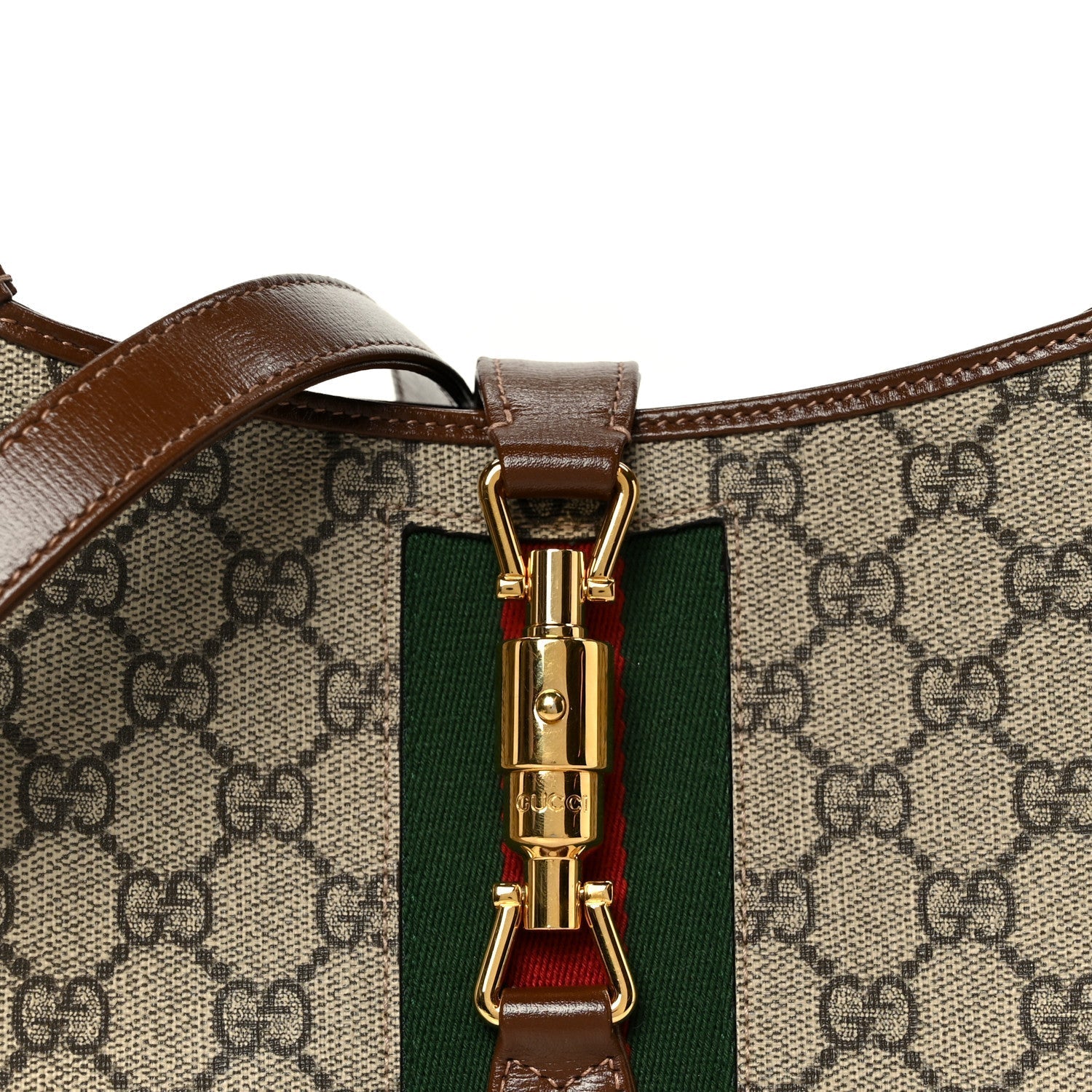 GG Supreme Monogram Azalea Calfskin Web Small Jackie 1961 Hobo Beige Ebony Brown Sugar