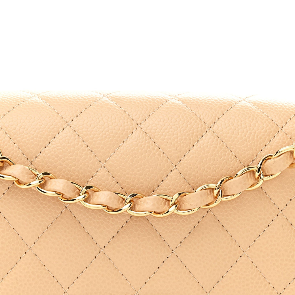Caviar Quilted Medium Double Flap Beige