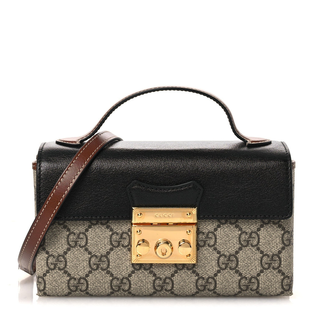 GG Supreme Monogram Calfskin Mini Padlock Top Handle Shoulder Bag Beige Black Cuir