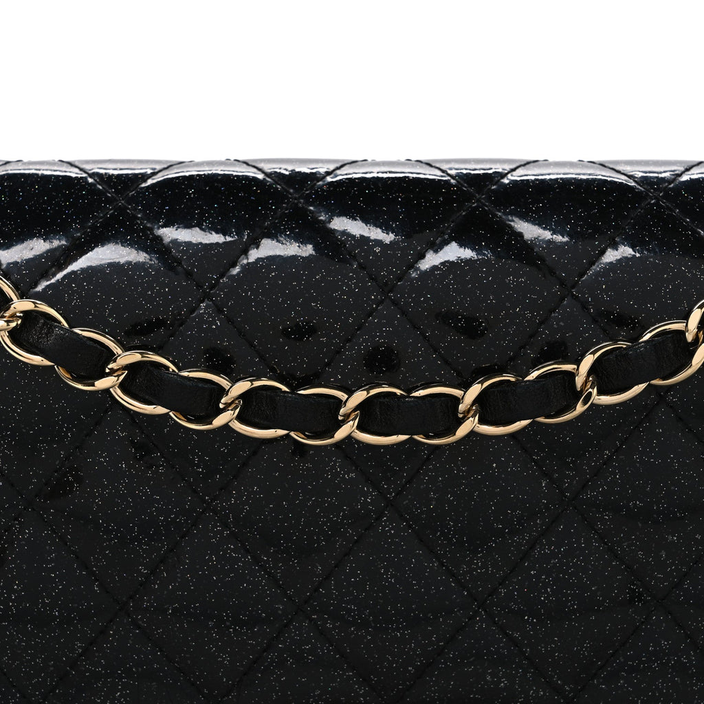 Patent Quilted Sparkle Glitter Medium Double Flap Black