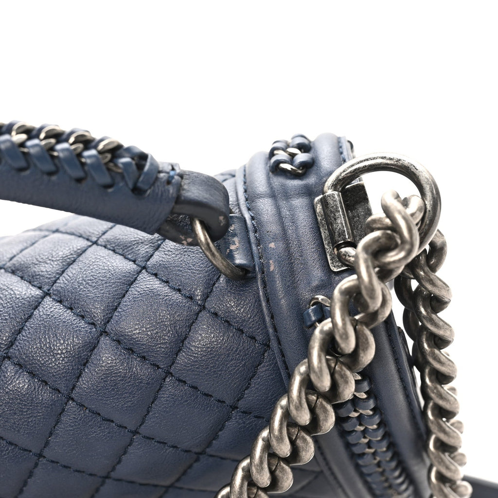Calfskin Quilted Medium Top Handle Boy Flap Blue