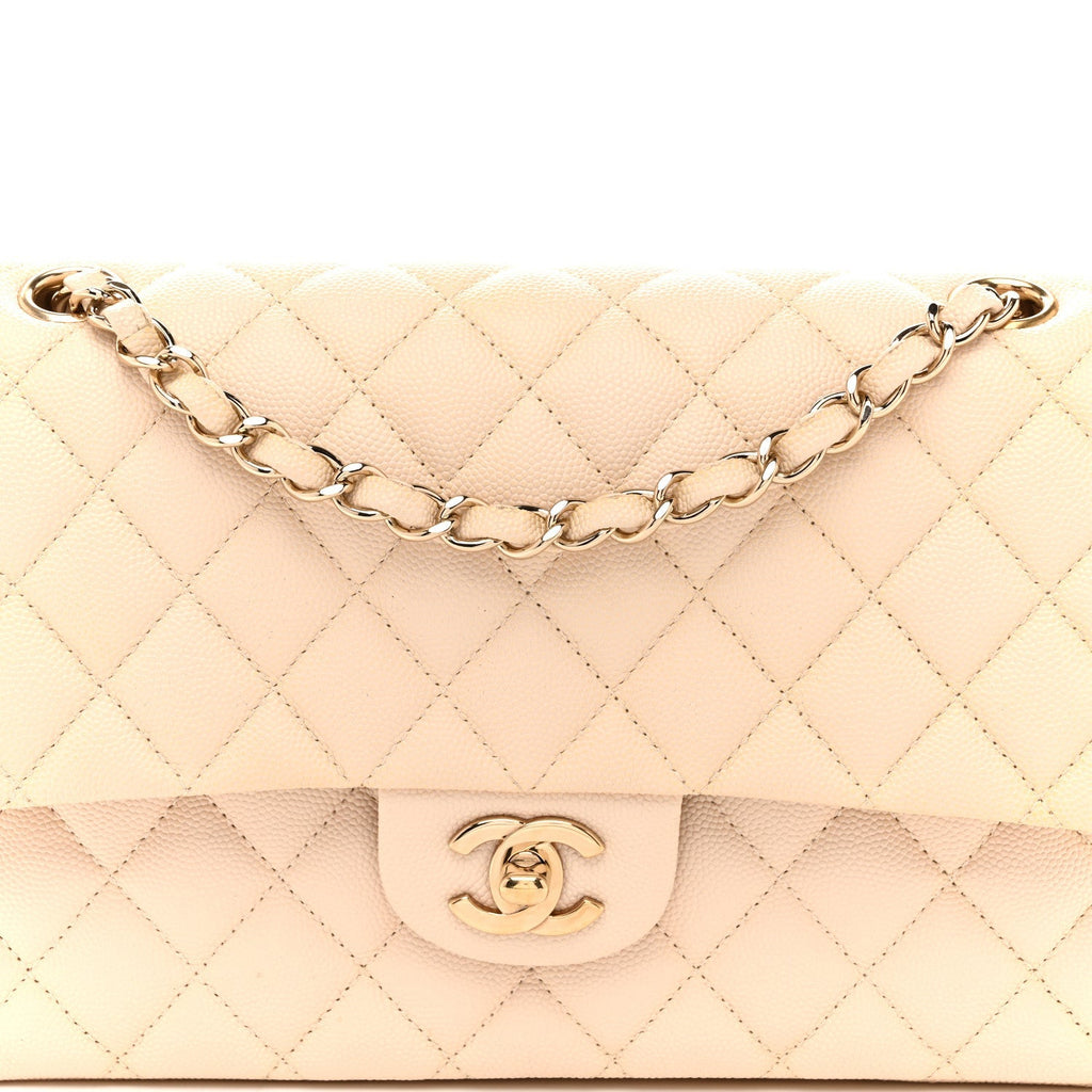 Caviar Quilted Medium Double Flap Light Beige