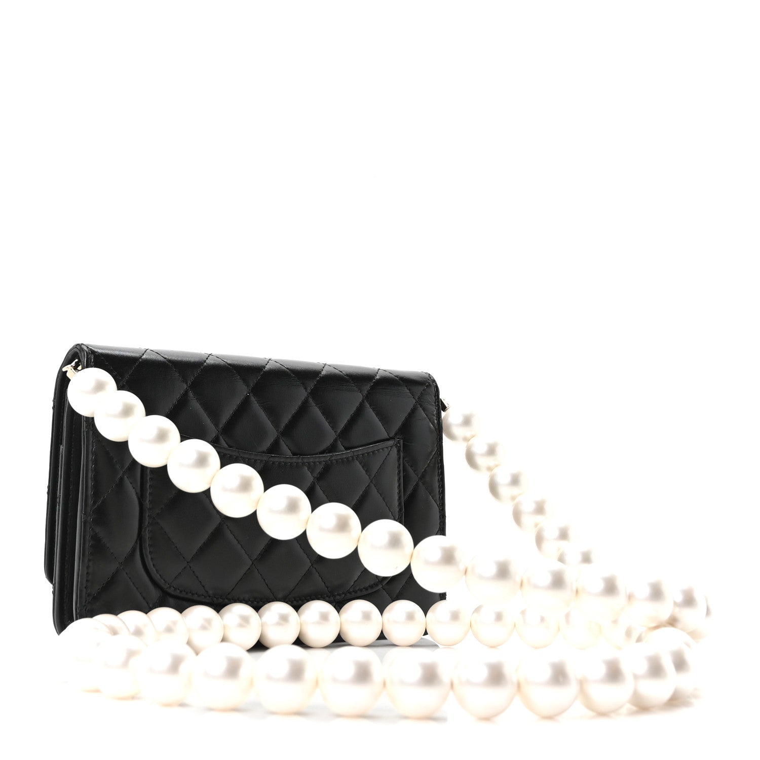 Calfskin Quilted Maxi Pearl Wallet On Chain WOC Black