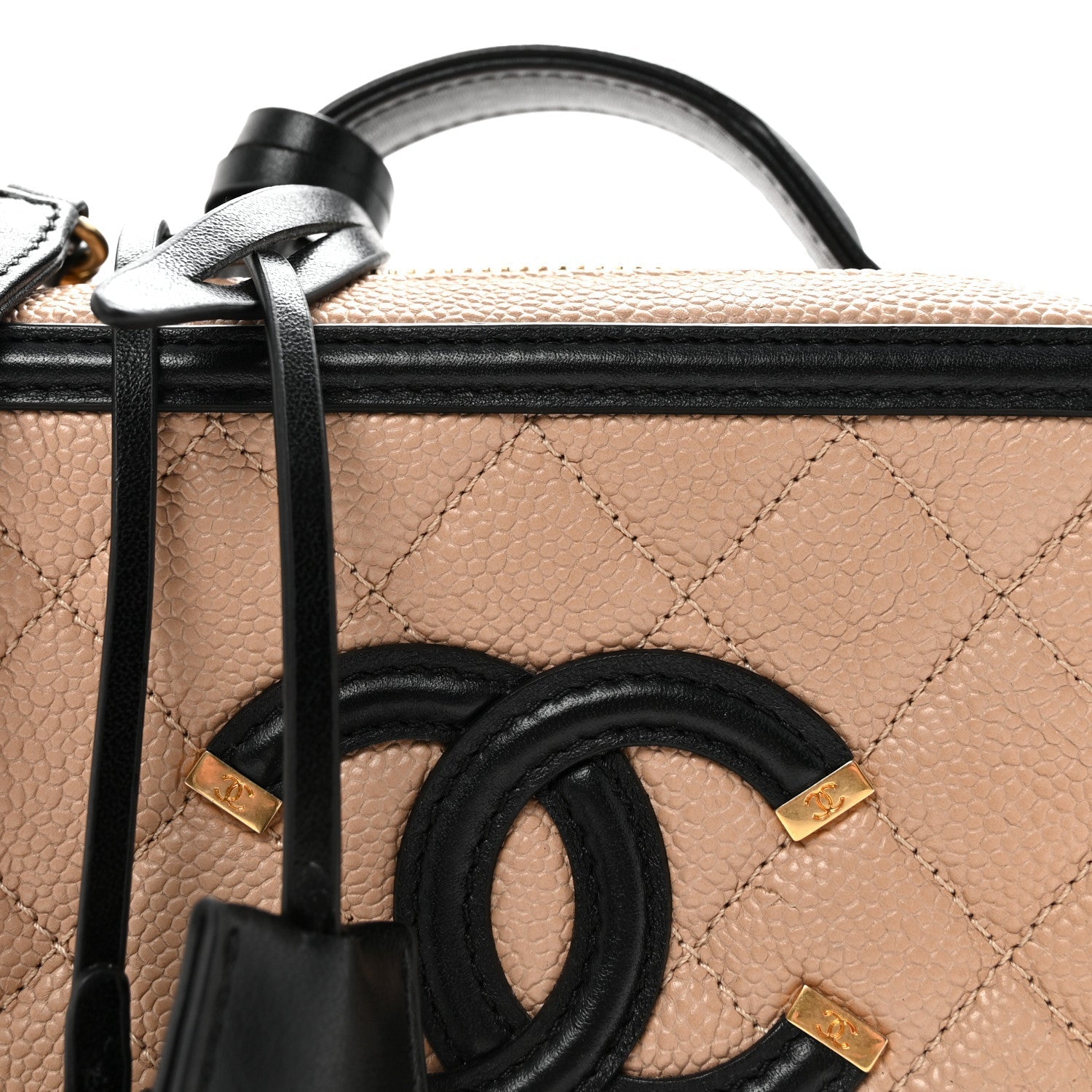 Caviar Quilted Small CC Filigree Vanity Case Beige Black
