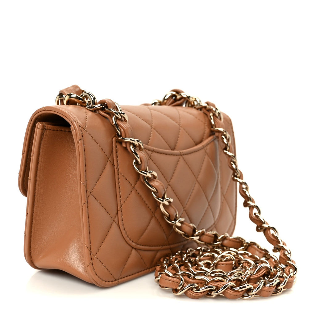 Shiny Lambskin Quilted Mini Flap Brown