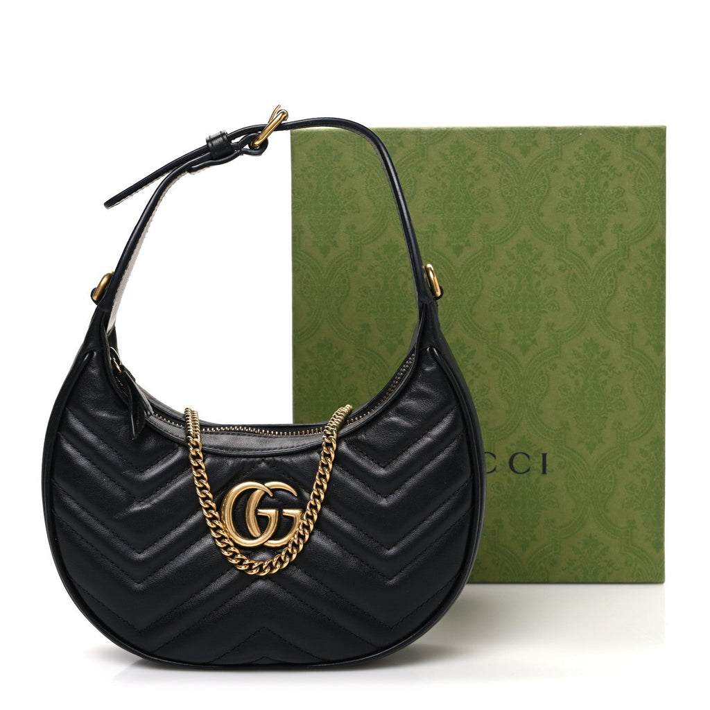 Calfskin Matelasse Chevron Mini GG Marmont Half Moon Hobo Black