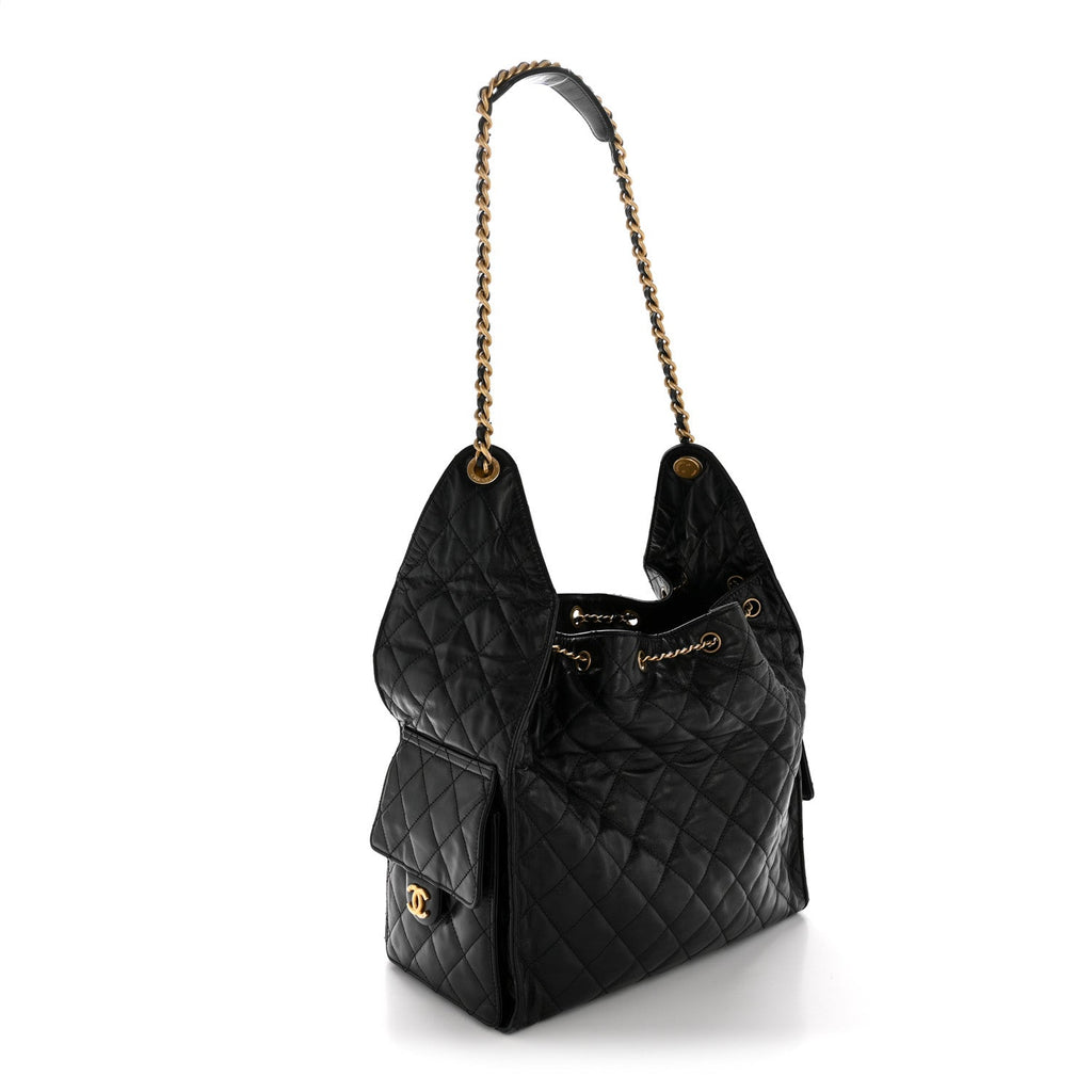 Shiny Crumpled Calfskin Quilted Medium Chanel 25 Handbag Black