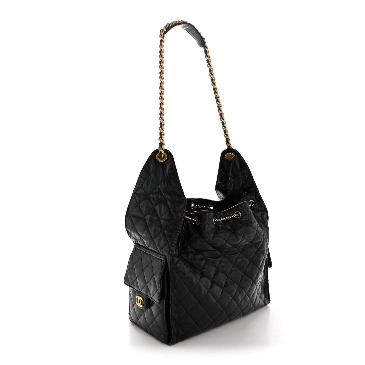 Shiny Crumpled Calfskin Quilted Medium Chanel 25 Handbag Black