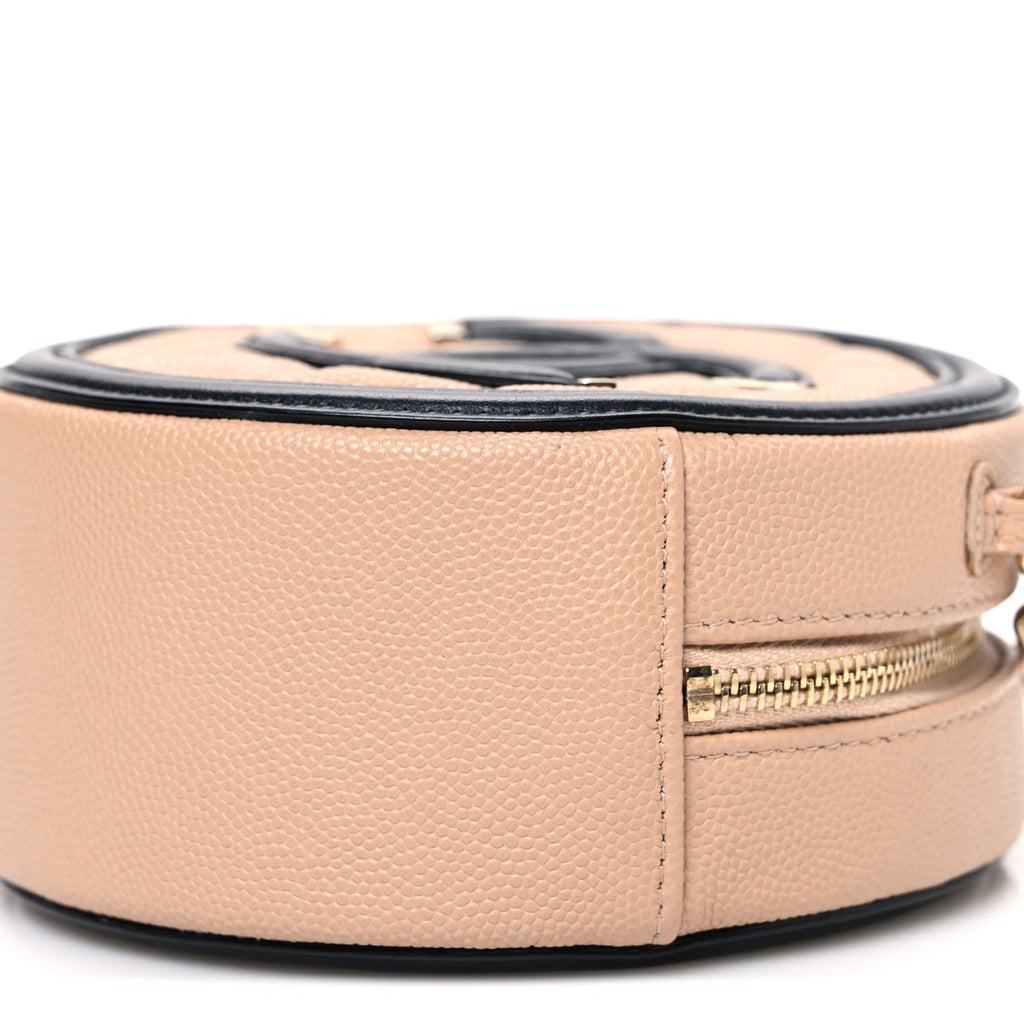 Caviar Quilted Round Filigree Crossbody Beige Black