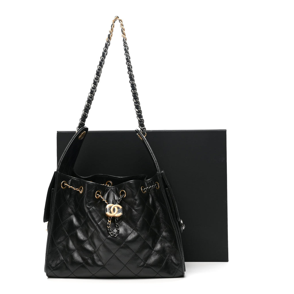 Shiny Crumpled Calfskin Quilted Small Chanel 25 Handbag Black