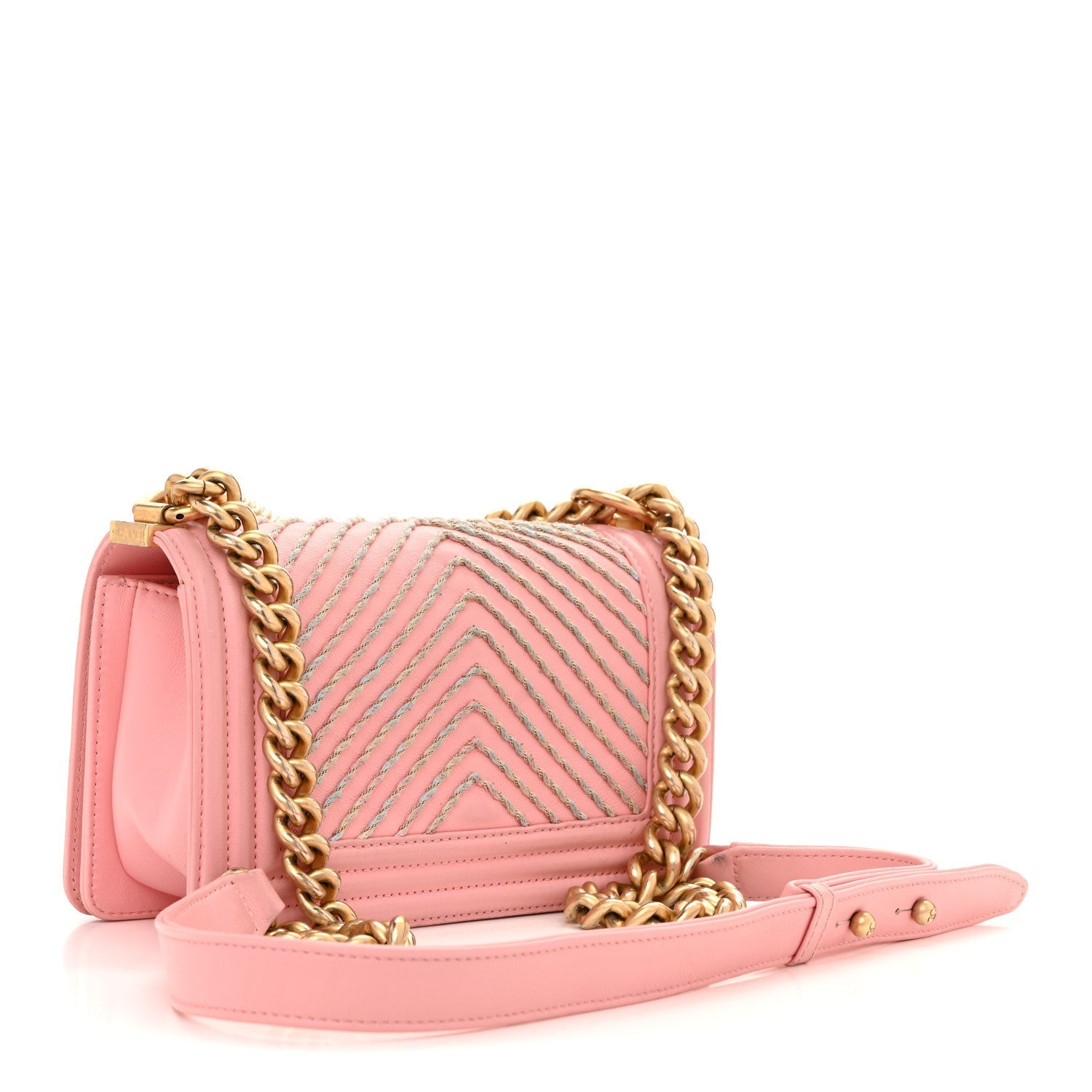 Calfskin Chevron Embroidered Small Boy By The Sea Flap Pink