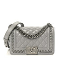 Iridescent Lambskin Quilted Small Chain Around Boy Flap Grey