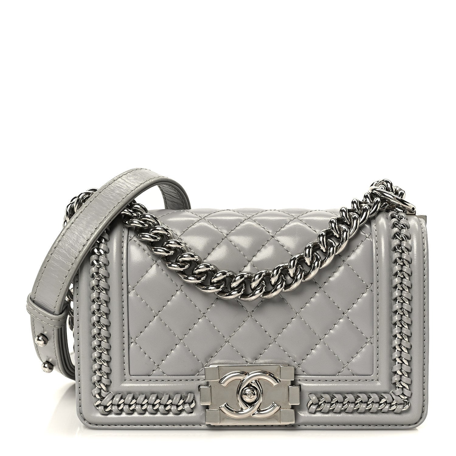 Iridescent Lambskin Quilted Small Chain Around Boy Flap Grey