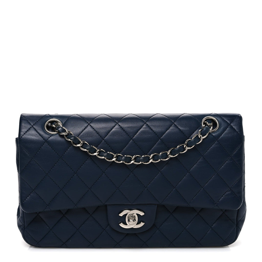 Lambskin Quilted Medium Double Flap Navy