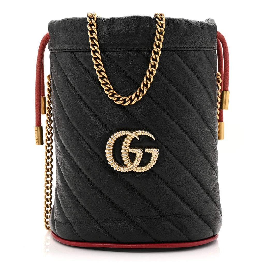 Vintage Effect Calfskin Matelasse Diagonal Mini Torchon GG Marmont 2.0 Bucket Bag Black Romantic Cherry