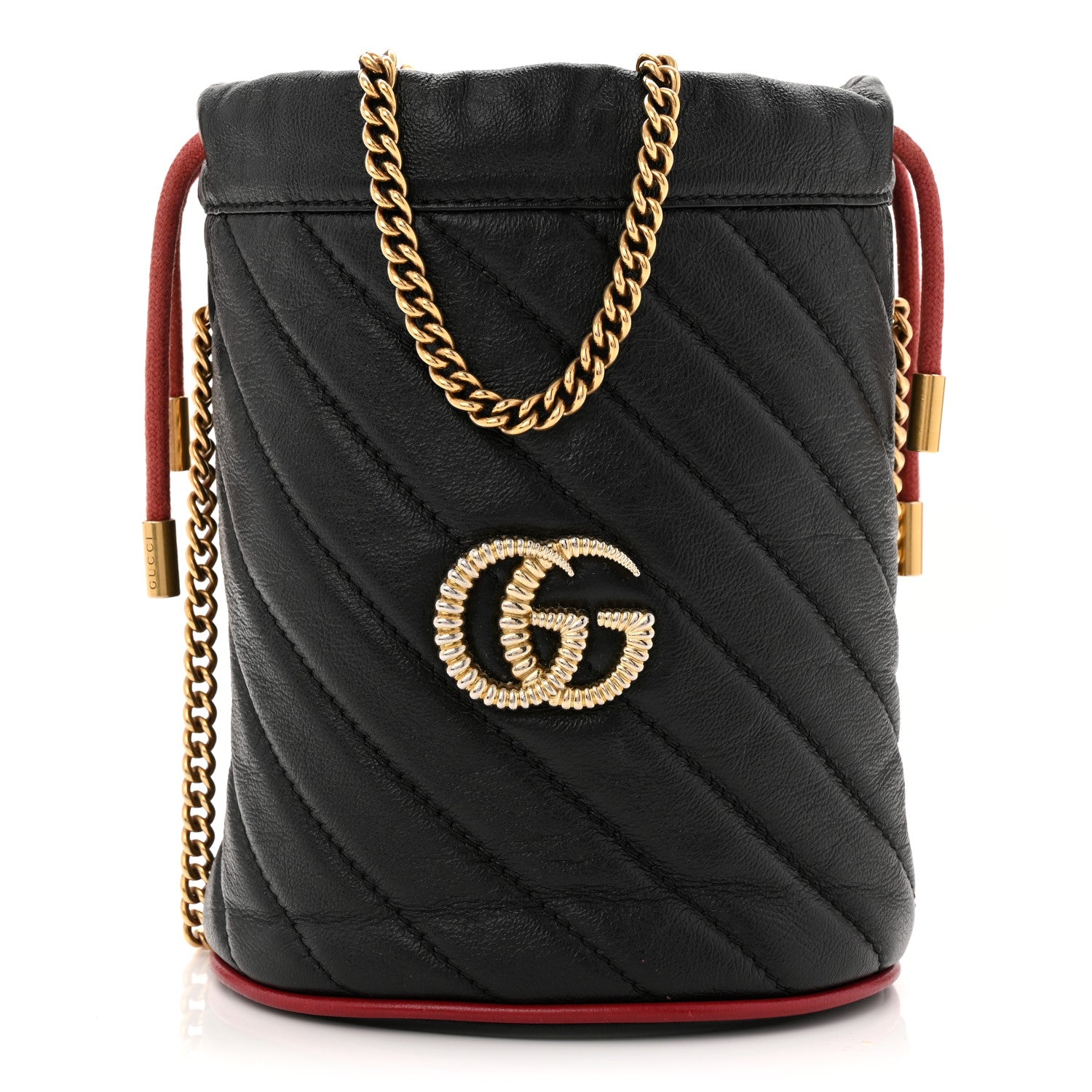 Vintage Effect Calfskin Matelasse Diagonal Mini Torchon GG Marmont 2.0 Bucket Bag Black Romantic Cherry