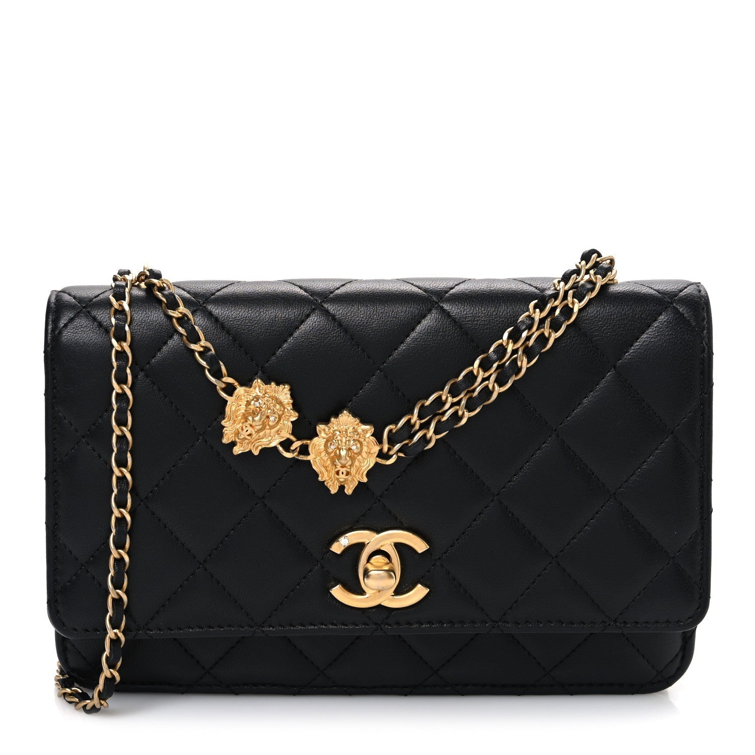 Lambskin Quilted Lion Motif Wallet On Chain WOC Black