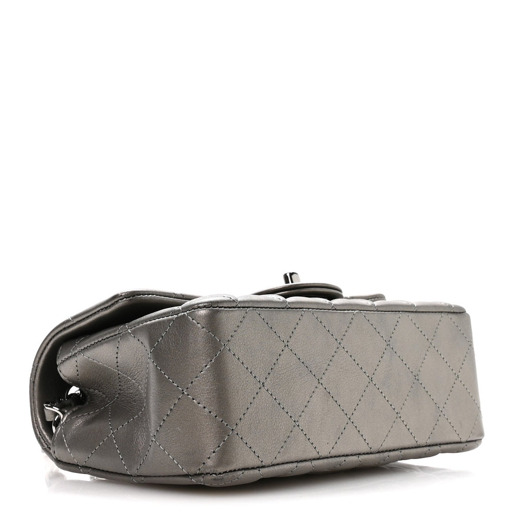 Metallic Lambskin Quilted Mini Rectangular Flap Silver
