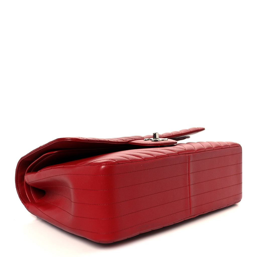 Caviar Chevron Quilted Jumbo Double Flap Dark Red