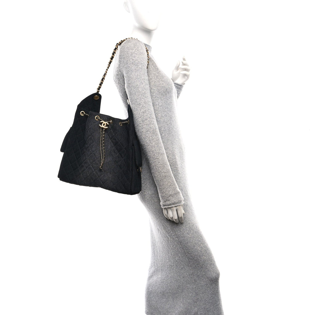 Washed Denim Quilted Medium Chanel 25 Handbag Black
