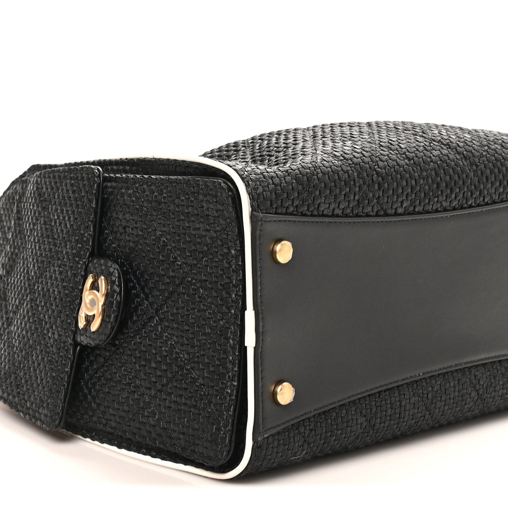 Braided Raffia Calfskin Quilted Small Chanel 25 Handbag Black White