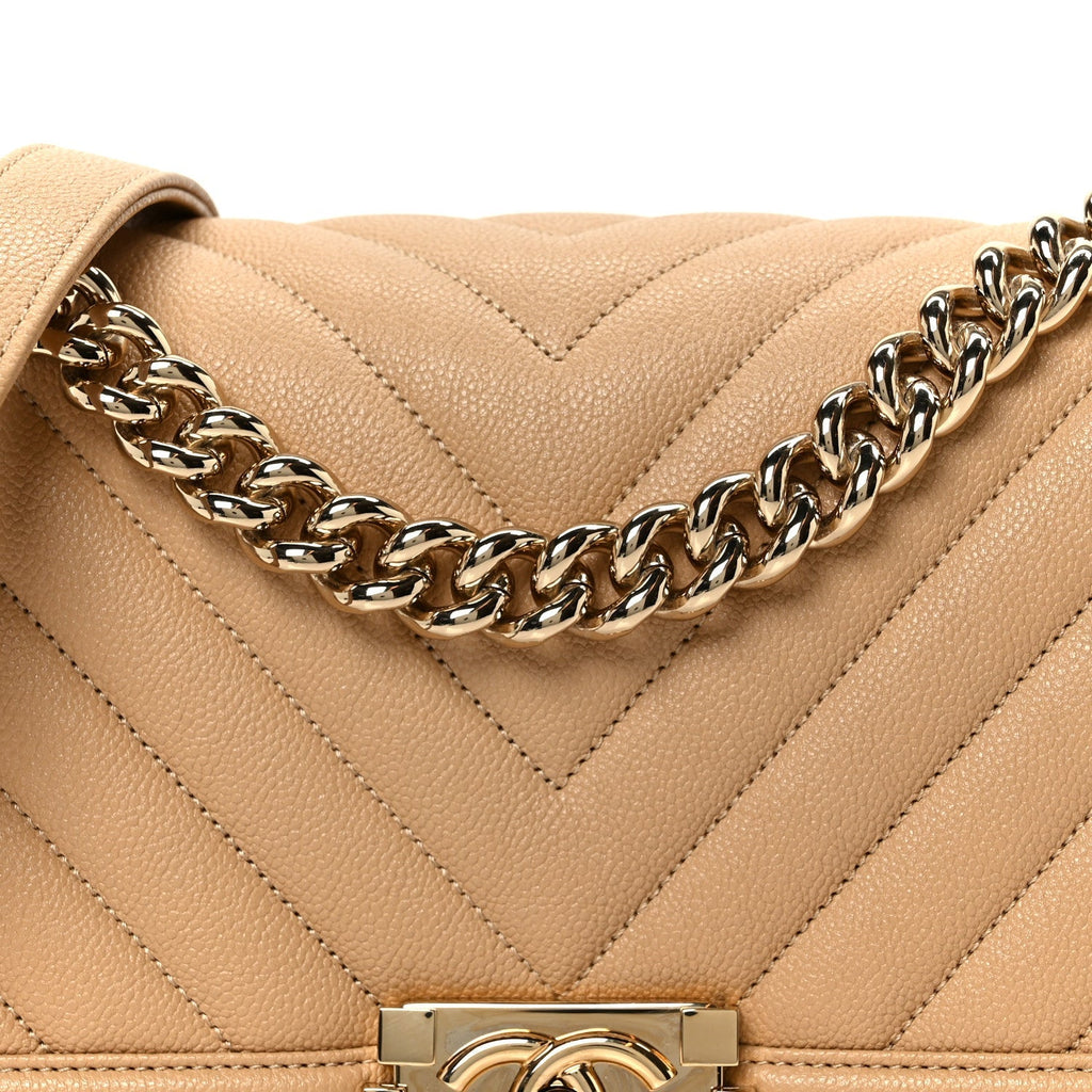 Caviar Chevron Quilted Medium Boy Flap Beige