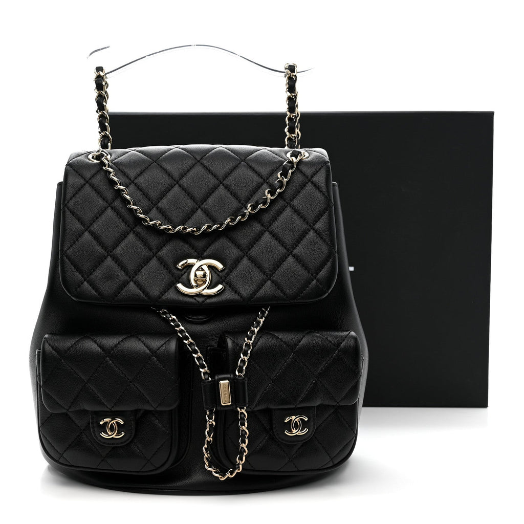 Calfskin Quilted Large Duma Pockets Drawstring Backpack Black