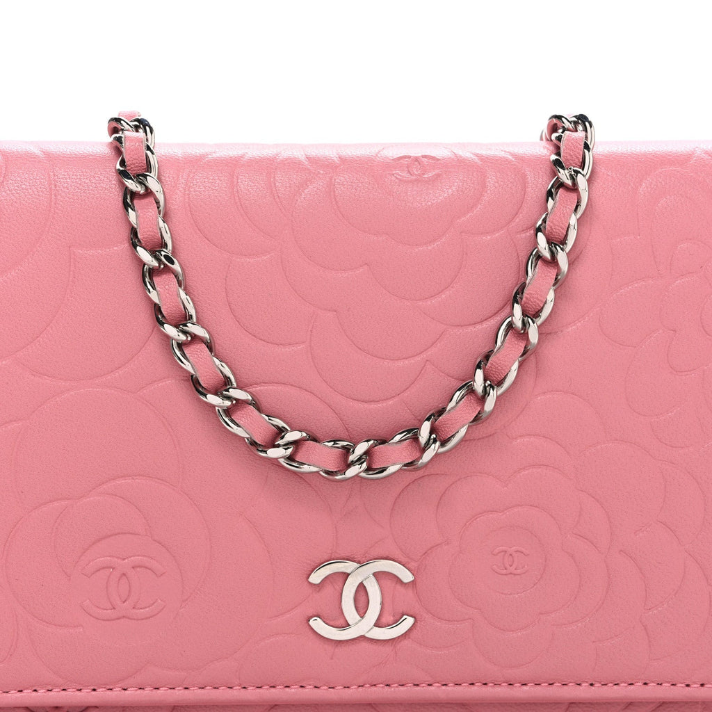 Lambskin Camellia Embossed Wallet on Chain WOC Pink