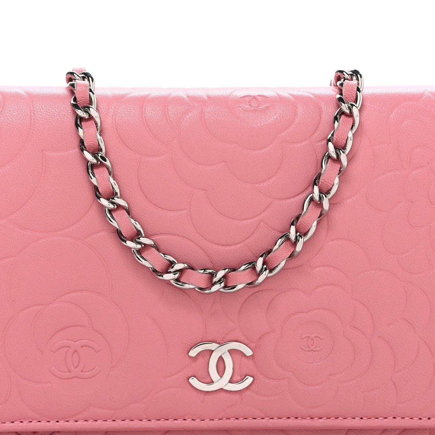 Lambskin Camellia Embossed Wallet on Chain WOC Pink