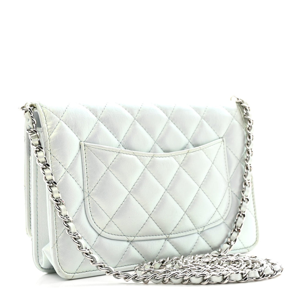 Iridescent Calfskin Quilted Wallet On Chain WOC Light Blue