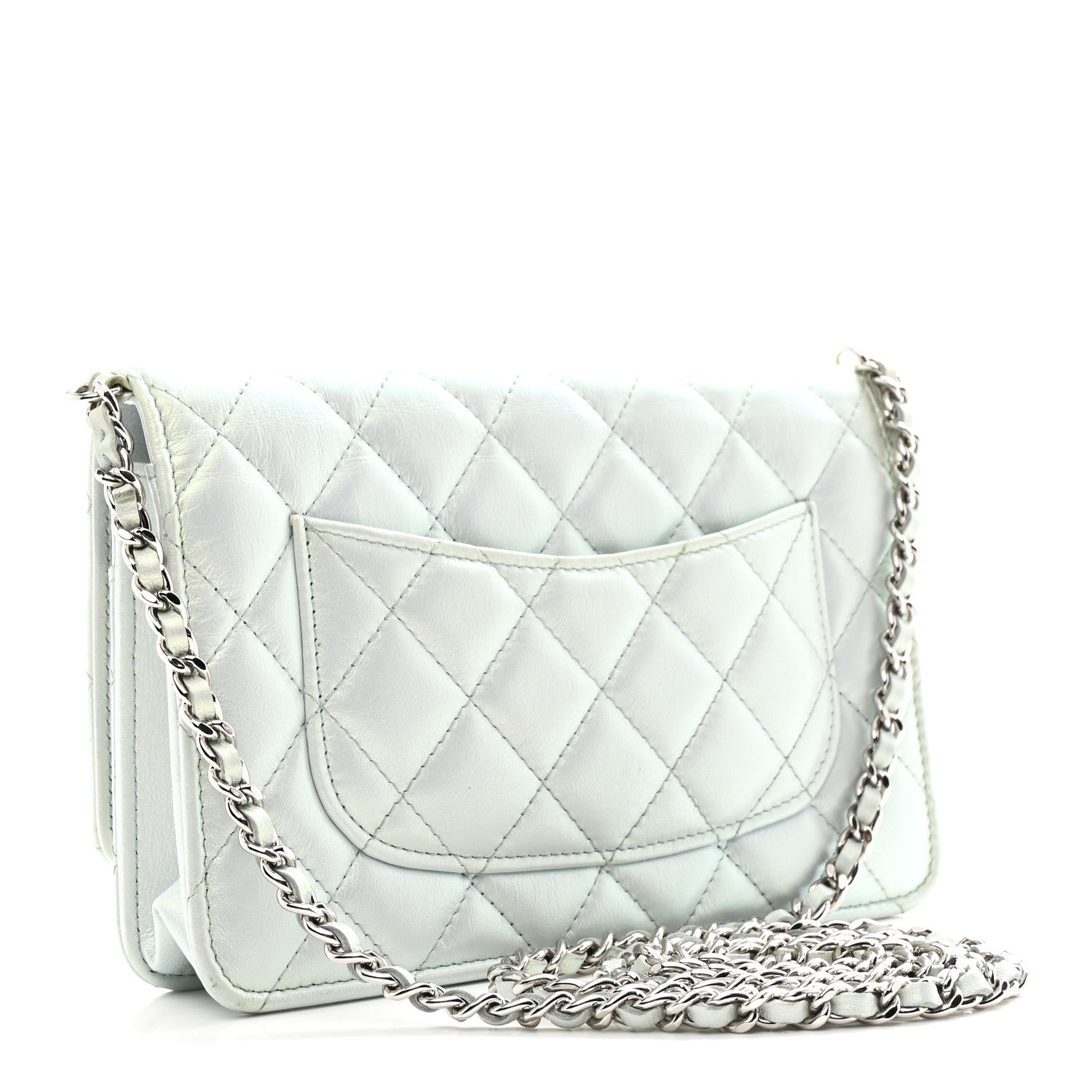 Iridescent Calfskin Quilted Wallet On Chain WOC Light Blue