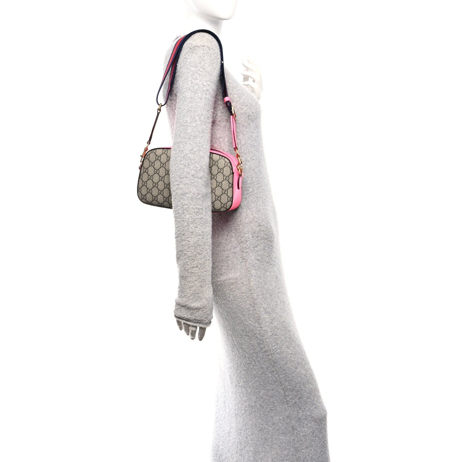 GG Supreme Monogram Textured Dollar Calfskin Web Ophidia Small Crossbody Bag Beige Ebony Fuchsia