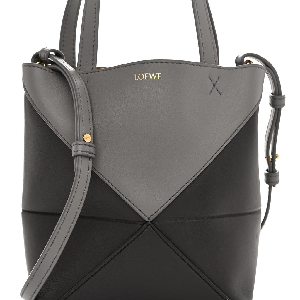 Shiny Calfskin Mini Puzzle Fold Tote Pearl Grey Dark Grey
