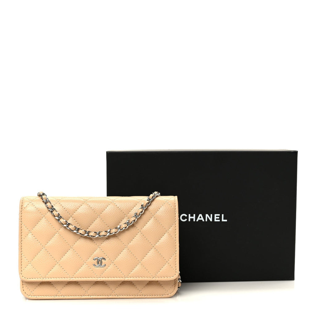 Caviar Quilted Wallet on Chain WOC Beige