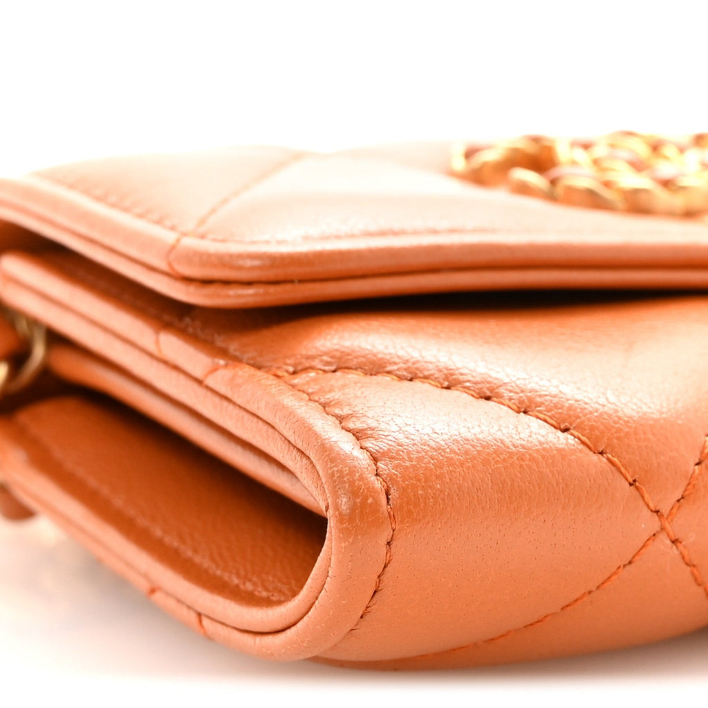 Lambskin Quilted Chanel 19 Flap Coin Purse With Chain Light Brown