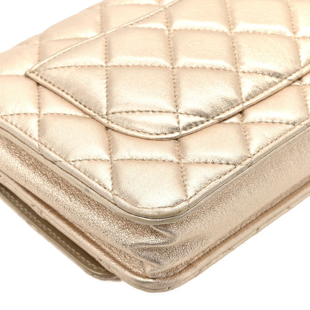 Metallic Lambskin Quilted Wallet On Chain WOC Gold Black