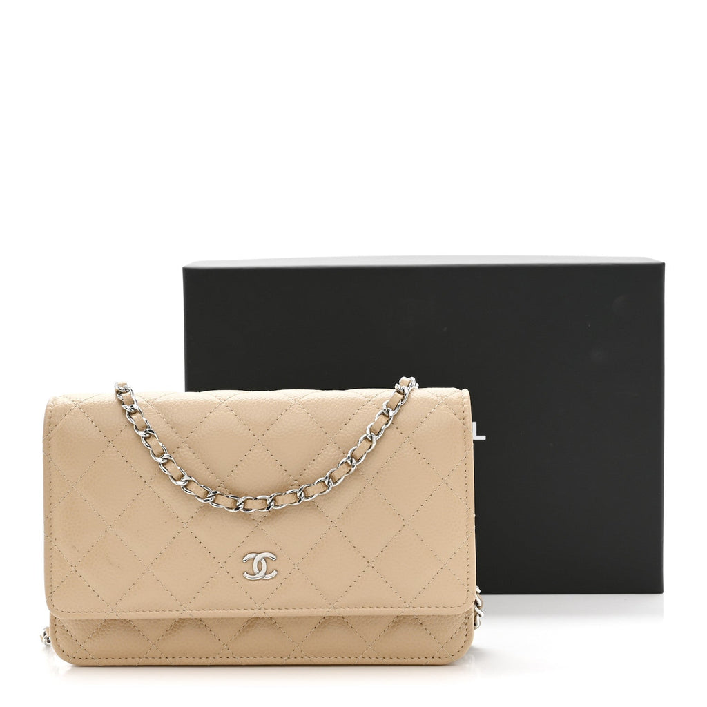 Caviar Quilted Wallet on Chain WOC Beige
