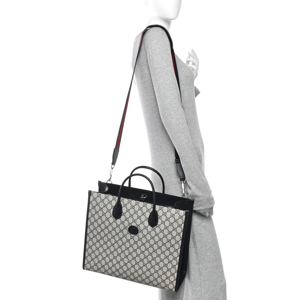 GG Supreme Monogram Azalea Calfskin Medium Retro Interlocking G Tote Bag Beige Blue