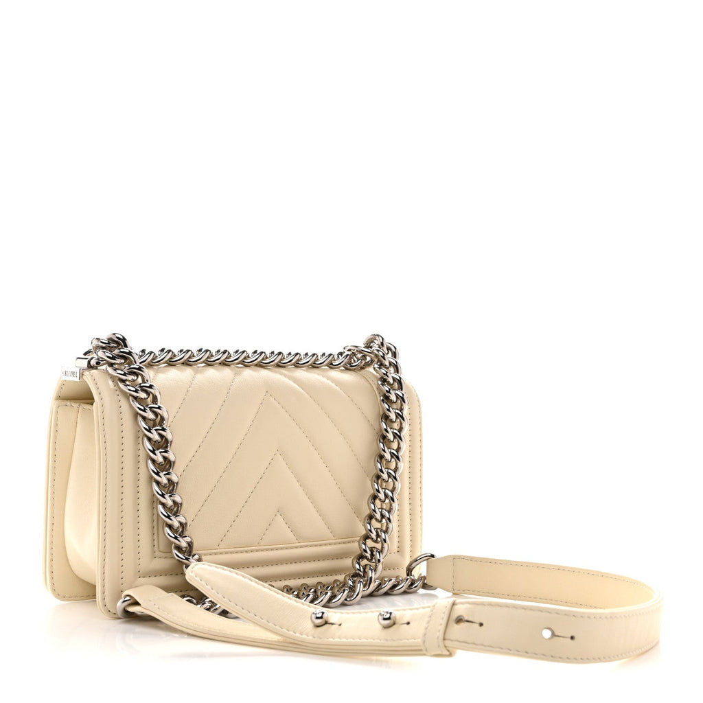 Calfskin Chevron Quilted Small Boy Flap Light Beige