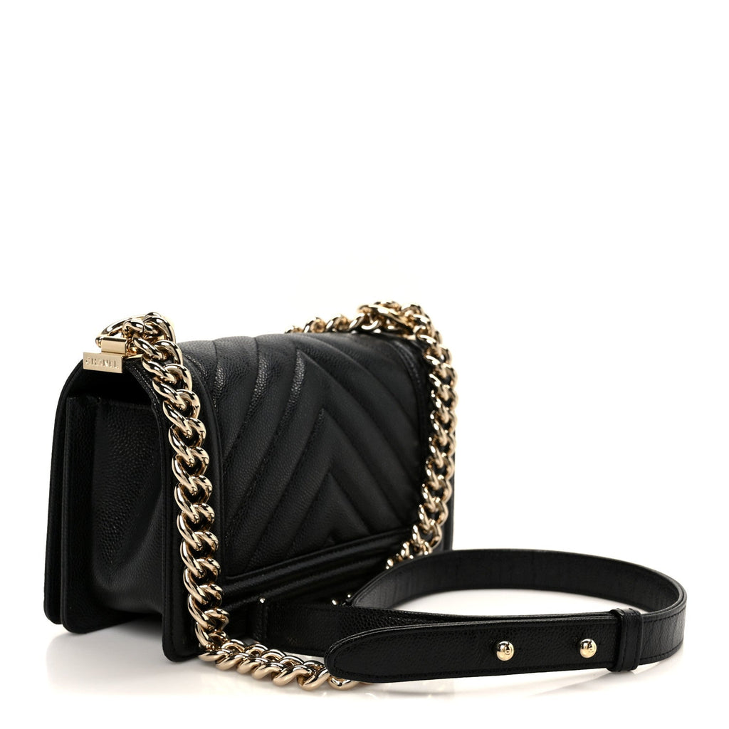Caviar Chevron Quilted Small Boy Flap Black