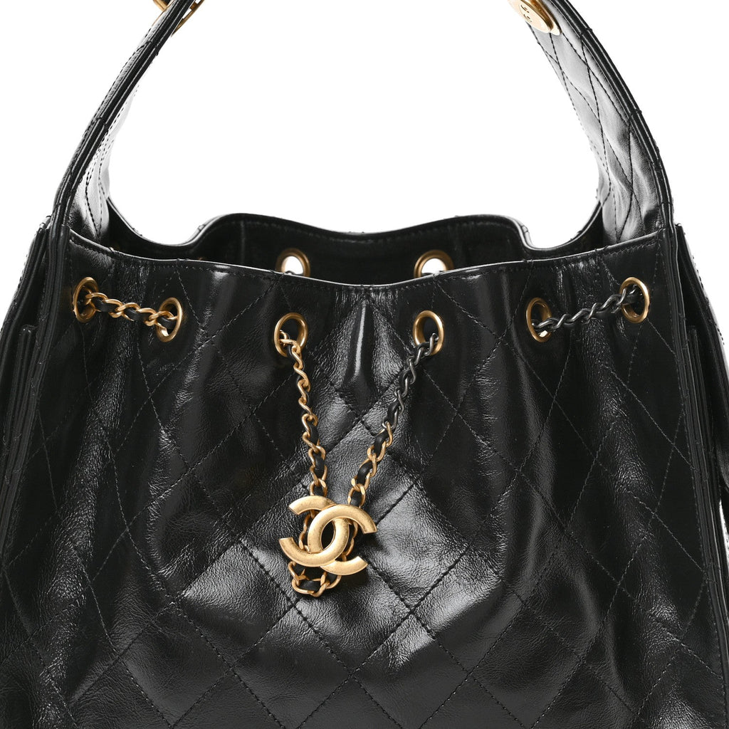 Shiny Crumpled Calfskin Quilted Small Chanel 25 Handbag Black