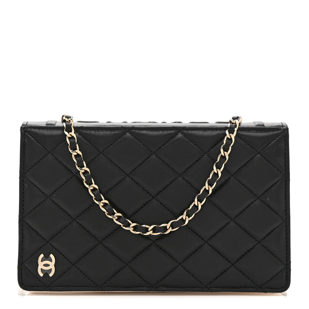 Lambskin Quilted Book Wallet On Chain WOC Black