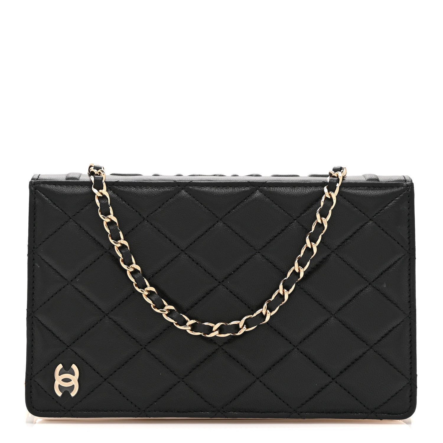 Lambskin Quilted Book Wallet On Chain WOC Black
