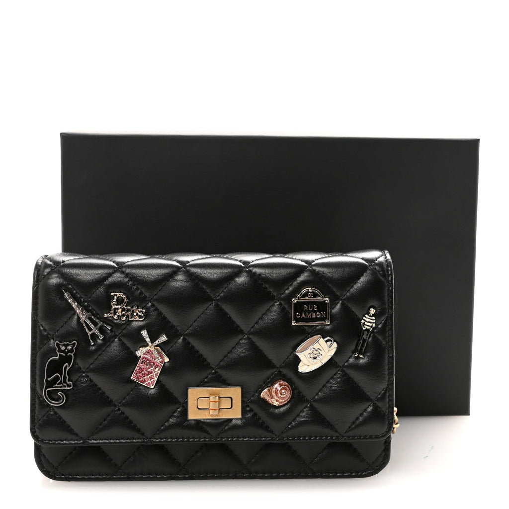 Lambskin Quilted Lucky Charms 2.55 Reissue Wallet On Chain WOC Black