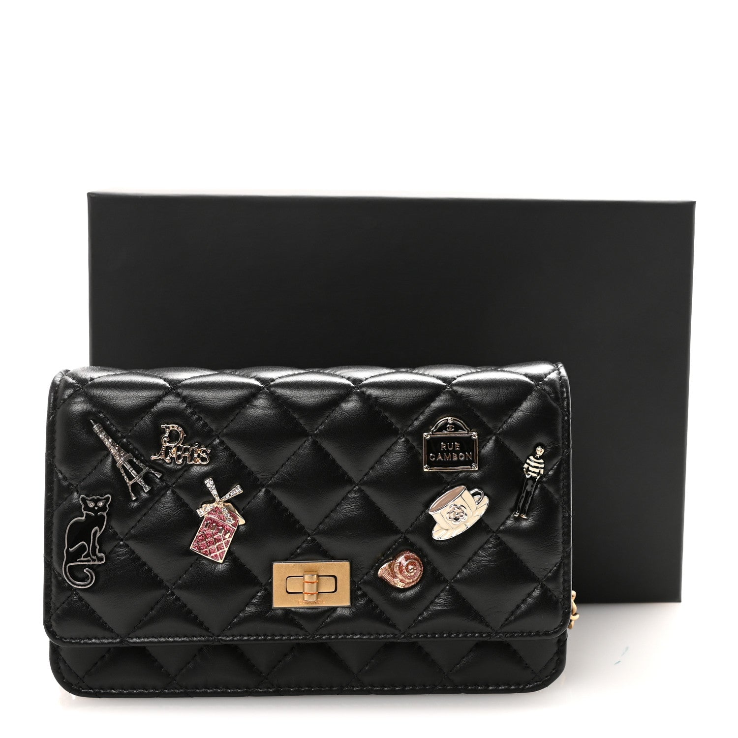 Lambskin Quilted Lucky Charms 2.55 Reissue Wallet On Chain WOC Black